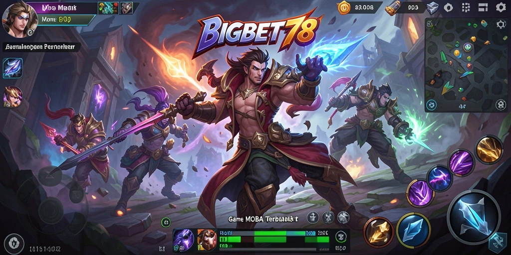 Tampilan gameplay seru di BIGBET78 dengan pertarungan antar karakter MOBA.