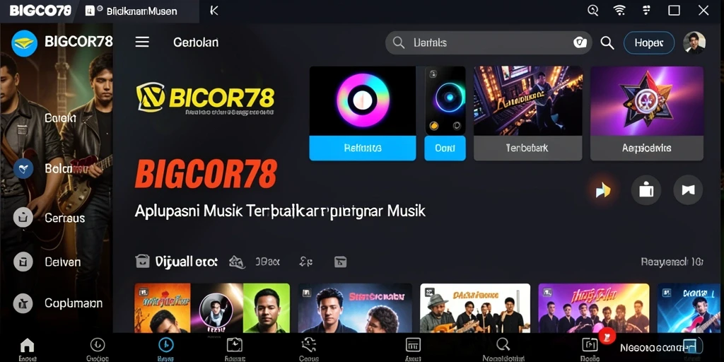 Tampilan antarmuka pengguna BIGCOR78 yang menarik dengan berbagai pilihan musik.