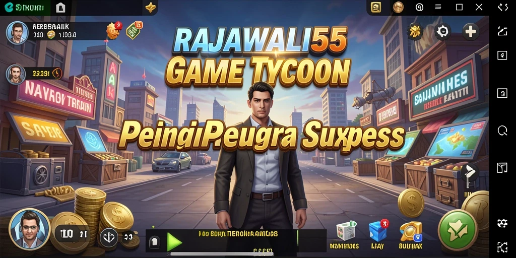 Tampilan gameplay RAJAWALI55 yang menampilkan suasana bisnis virtual.