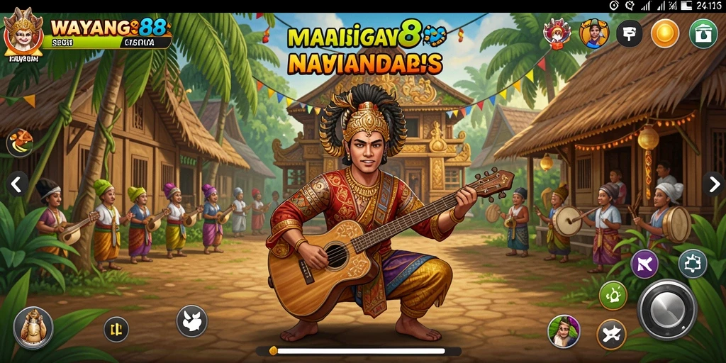 Tampilan gameplay WAYANG88 yang menampilkan alat musik tradisional.